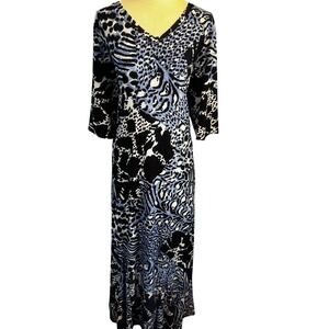 Attitudes by Renee Blue Animal Abstract Print Maxi Dress 1X with Mesh Cardigan